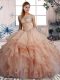 Deluxe Floor Length Lace Up Quinceanera Gowns Pink for Military Ball and Sweet 16 and Quinceanera with Beading and Ruffles