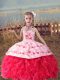 Coral Red Ball Gowns Halter Top Sleeveless Organza Floor Length Lace Up Beading and Embroidery and Ruffles Girls Pageant Dresses