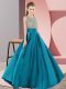 Super Elastic Woven Satin Scoop Sleeveless Backless Beading Prom Evening Gown in Teal