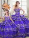Edgy Purple Satin and Organza Lace Up Strapless Sleeveless Floor Length Quinceanera Gown Embroidery and Ruffled Layers