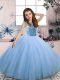 Blue Mermaid Beading Little Girl Pageant Gowns Lace Up Tulle Sleeveless Floor Length