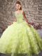 Yellow Green Ball Gowns Organza Straps Sleeveless Beading and Ruffled Layers Lace Up Ball Gown Prom Dress Court Train