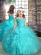 Aqua Blue Organza Lace Up Little Girls Pageant Dress Wholesale Sleeveless High Low Beading and Ruffles