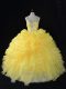 Hot Selling Yellow Straps Zipper Beading and Ruffles and Pick Ups Ball Gown Prom Dress Sleeveless
