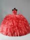 Best Coral Red Sleeveless Brush Train Beading and Ruffles Quinceanera Dresses