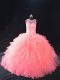 Cute Watermelon Red Organza Lace Up Scoop Sleeveless Floor Length Quinceanera Gowns Beading and Ruffles