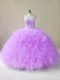 Floor Length Lilac 15th Birthday Dress Tulle Sleeveless Beading and Ruffles