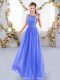 Edgy Sleeveless Chiffon Floor Length Zipper Bridesmaid Dresses in Blue with Lace