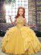 Excellent Gold Lace Up Scoop Beading and Ruffles Kids Formal Wear Organza Sleeveless