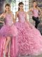 Fashionable Floor Length Rose Pink Ball Gown Prom Dress Fabric With Rolling Flowers Sleeveless Beading