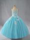 Fancy Sleeveless Floor Length Beading and Appliques Lace Up Little Girls Pageant Dress with Aqua Blue