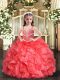 Floor Length Lace Up Kids Formal Wear Coral Red for Party and Sweet 16 and Wedding Party with Beading and Ruffles