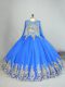 Dazzling Blue Lace Up Quinceanera Gowns Beading and Appliques Long Sleeves Floor Length