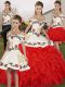 Artistic Sleeveless Floor Length Embroidery and Ruffles Lace Up 15 Quinceanera Dress with White And Red