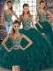 Peacock Green Organza Lace Up Straps Sleeveless Floor Length Quinceanera Dresses Beading and Ruffles