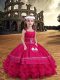 Straps Sleeveless Pageant Gowns For Girls Floor Length Embroidery and Ruffled Layers Hot Pink Satin and Organza
