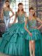 Extravagant Teal Three Pieces Taffeta Straps Sleeveless Beading and Ruffled Layers Floor Length Lace Up Sweet 16 Dress