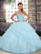 Noble Light Blue Lace Up Sweetheart Beading and Ruffled Layers Quinceanera Dresses Tulle Sleeveless Brush Train