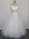 Nice White Tulle Lace Up Wedding Gown Short Sleeves Floor Length Lace and Belt