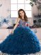 High Class Floor Length Lace Up Little Girl Pageant Gowns Navy Blue for Party and Military Ball and Wedding Party with Beading and Ruffles