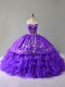 Deluxe Purple Lace Up Sweetheart Embroidery and Ruffles 15th Birthday Dress Organza Sleeveless