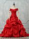 On Sale Red Lace Up 15 Quinceanera Dress Pick Ups and Hand Made Flower Sleeveless Court Train