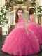 High Quality Rose Pink Tulle Backless High-neck Sleeveless Floor Length Little Girl Pageant Dress Beading and Ruffles
