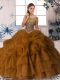 Most Popular Brown Ball Gowns Organza Scoop Sleeveless Beading and Pick Ups Zipper Quinceanera Gowns Brush Train