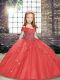 Custom Made Sleeveless Tulle Floor Length Lace Up Little Girl Pageant Gowns in Coral Red with Beading and Ruffles