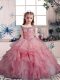 Pink Organza Lace Up Little Girls Pageant Gowns Sleeveless Floor Length Beading and Ruffles