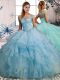 Customized Off The Shoulder Sleeveless Organza Quince Ball Gowns Beading and Ruffles Lace Up