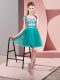 Romantic Mini Length Zipper Quinceanera Court of Honor Dress Turquoise for Wedding Party with Lace