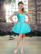 Sleeveless Tulle Mini Length Lace Up Prom Gown in Aqua Blue with Beading and Appliques