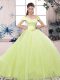 Yellow Green Ball Gowns Lace and Hand Made Flower Quinceanera Dresses Lace Up Tulle Short Sleeves Floor Length