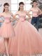 Sophisticated Pink Three Pieces Off The Shoulder Short Sleeves Tulle Floor Length Lace Up Lace and Hand Made Flower Quinceanera Dress