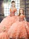 Exquisite Peach Ball Gowns Off The Shoulder Sleeveless Organza Brush Train Lace Up Beading and Ruffled Layers Quinceanera Dresses