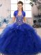 Admirable Royal Blue Off The Shoulder Neckline Beading and Ruffles Sweet 16 Dress Sleeveless Lace Up
