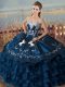 Affordable Navy Blue Sleeveless Floor Length Embroidery and Ruffles Lace Up Vestidos de Quinceanera