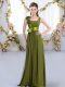 Olive Green Chiffon Zipper Bridesmaid Gown Sleeveless Floor Length Belt and Hand Made Flower