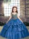 Blue Taffeta Lace Up Little Girls Pageant Dress Sleeveless Floor Length Beading