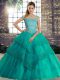 Turquoise Sleeveless Tulle Brush Train Lace Up Ball Gown Prom Dress for Military Ball and Sweet 16 and Quinceanera