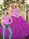 Fuchsia Sweet 16 Dress Military Ball and Sweet 16 and Quinceanera with Embroidery and Ruffles Halter Top Sleeveless Lace Up