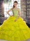 Captivating Yellow Green Sleeveless Brush Train Beading and Pick Ups Quinceanera Gown