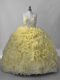 Sleeveless Fabric With Rolling Flowers Lace Up Sweet 16 Dresses in Yellow with Beading