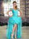 High Class Aqua Blue Off The Shoulder Neckline Beading and Ruffles Teens Party Dress Sleeveless Lace Up
