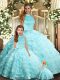 Aqua Blue Ball Gowns Beading and Ruffled Layers 15 Quinceanera Dress Backless Organza Sleeveless Floor Length