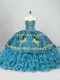 Classical Teal Ball Gowns Sweetheart Sleeveless Satin and Organza Brush Train Lace Up Embroidery and Ruffled Layers Quinceanera Dress