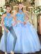 Blue Lace Up Halter Top Embroidery Quinceanera Gown Organza Sleeveless