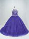 Fine Sleeveless Tulle Brush Train Lace Up Vestidos de Quinceanera in Purple with Beading