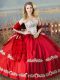 Floor Length Red Quince Ball Gowns Satin Sleeveless Beading and Embroidery